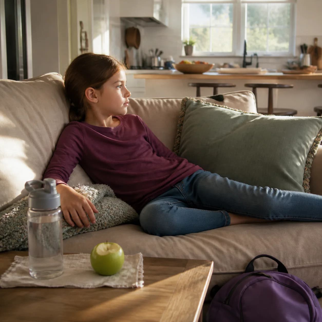 Child taking a quiet pause on the sofa after school