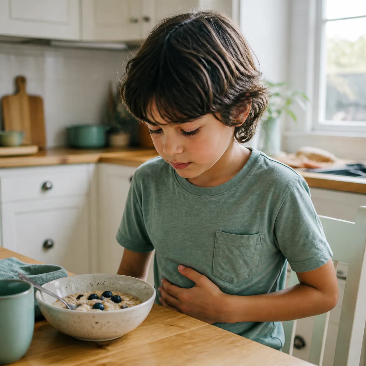 Child at the breakfast table with one hand resting on their stomach
