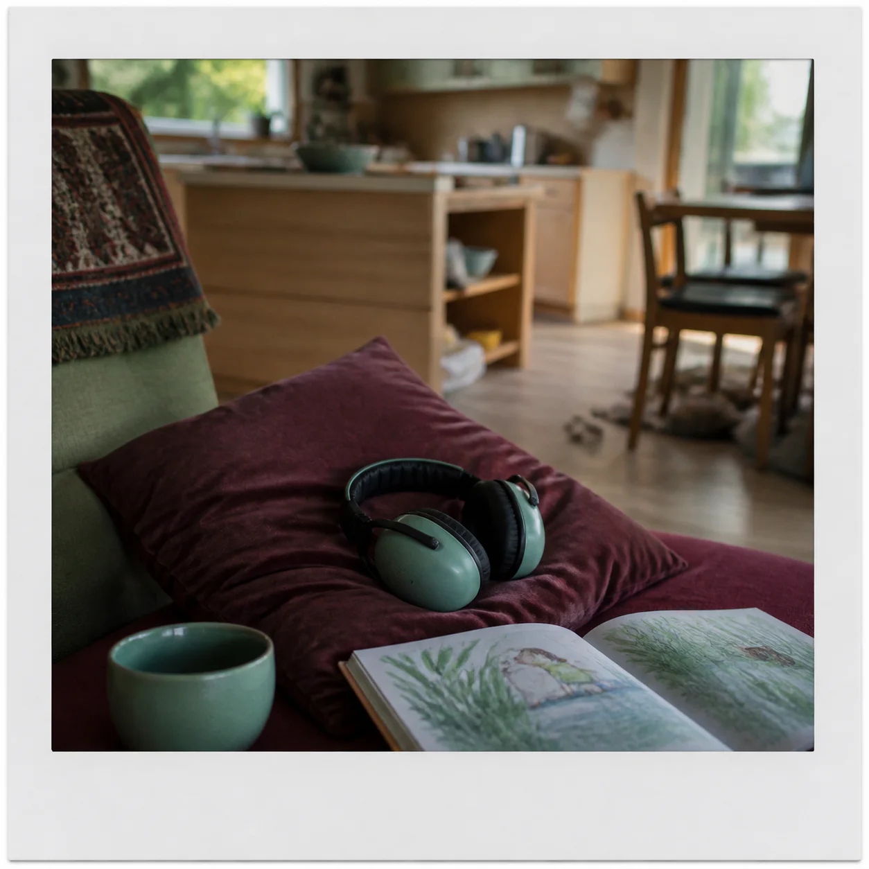 Hearing protectors, a picture book, and a cup in a quiet corner